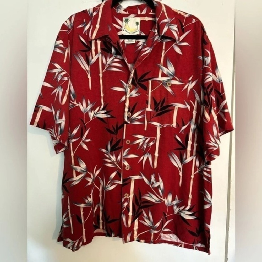 Banana Cabana 100%‎ silk red men's Hawaiian shirt sz XL Bamboo print 90s